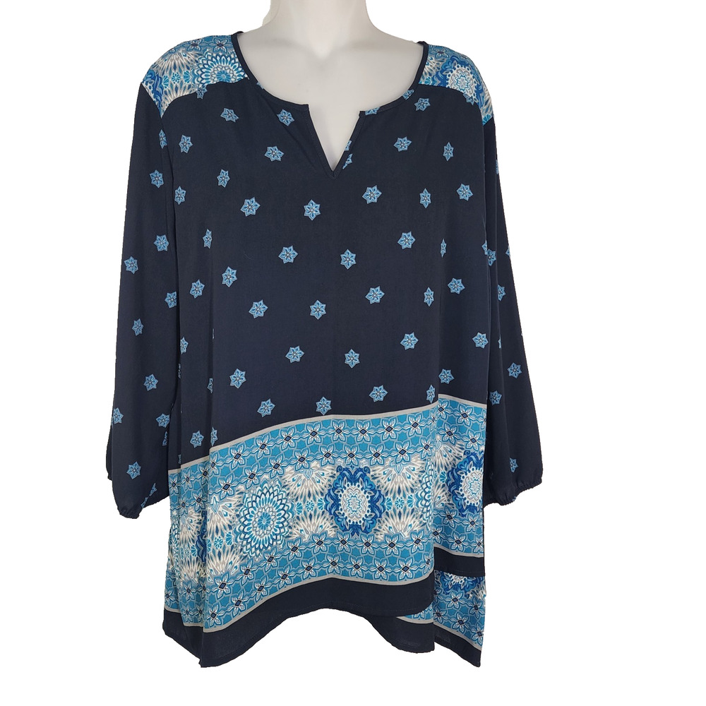 Coldwater Creek Womens Tunic Top Large Blue Geometric Print 3/4 Sleeve V Neck